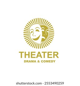 icon of golden comedy and tragedy theatrical masks isolated on white background