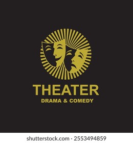 icon of golden comedy and tragedy theatrical masks isolated on black background