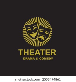 icon of golden comedy and tragedy theatrical masks isolated on black background