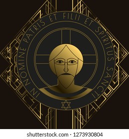 Icon with the Golden face of Jesus in the art deco style. Vector illustration.
