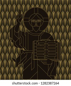 Icon with the Golden face of Jesus in the art deco style. Vector illustration.