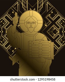 Icon with the Golden face of Jesus in the art deco style. Vector illustration.