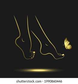 icon of golden female feet with golden butterfly on black background