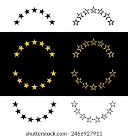 Icono de estrellas doradas en un semicírculo o alrededor. Símbolo de Estado o resistencia. Un atributo de calidad o clasificación.