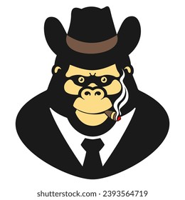 icon of a gorilla wearing a cowboy hat smoking a cigar with a simple shape and color with a bow tie, depicting calm but having strength