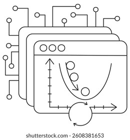 Icon of gradient descent, representing optimization algorithm. Vector pictogram of a mathematical graph with arrows and data points, drawn with thin black lines. Editable line thickness