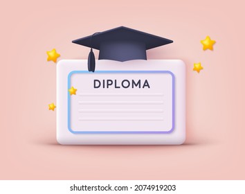 Icon of graduation certificate with cup, diploma. 3D Web Vector Illustrations.