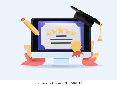 Icon of graduation certificate with cup, diploma. 3D Web Vector Illustrations. Virtual Graduation Ceremony. Online graduation. graduation university, college black cap on screen, funny cat on the desk