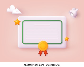 Icon of graduation certificate, diploma. Winner certificate. 3D Vector Illustrations.
