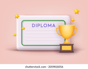 Icon of graduation certificate with happy people, diploma. Winner certificate. 3D Web Vector Illustrations.