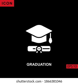 Icon graduation with hat mortarboard and certificate vector on black background. Illustration Filled, glyph or flat icon for graphic, print media interfaces and web design.