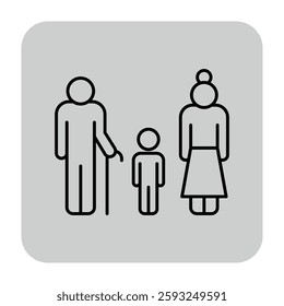 Icon of grandfather holding cane, standing next to child and grandmother. Family relationships and bond between generations concept