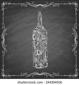 Icon of grape wine on the blackboard . Different kinds of wine bottles without labels. Collection of hand-drawn bottles and food. Retro vintage style food design. Vector illustration.