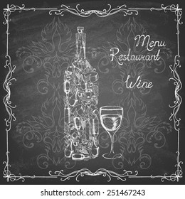 Icon of grape wine on the blackboard . Different kinds of wine bottles without labels. Collection of hand-drawn bottles and food. Retro vintage style food design. Vector illustration.