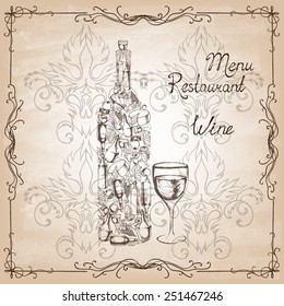 Icon of grape wine on the blackboard . Different kinds of wine bottles without labels. Collection of hand-drawn bottles and food. Retro vintage style food design. Vector illustration.