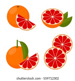 Icon Grapefruit. Set with whole fruit and a half, with leaves and without. Vector illustration in a flat style.