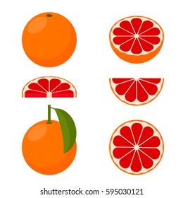 Icon Grapefruit. Set with whole fruit and a half, with leaves and without. Vector illustration in a flat style.