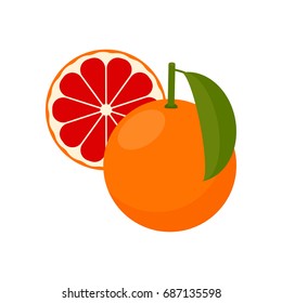 Icon Grapefruit. Set with whole fruit and a half. Vector illustration in a flat style.