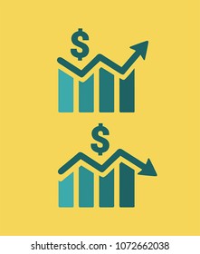 Icon graph of the growth and fall of the dollar currency.