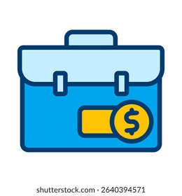 An icon graphic representation of a financial portfolio, featuring a briefcase and a dollar coin, symbolizing business, investment, and economic activity.
