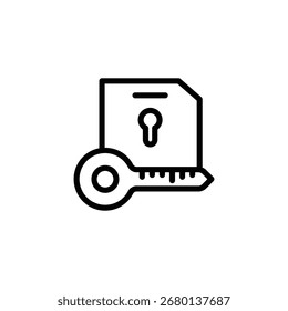 Icon graphic shows a key accessing a document, represented in a simple black line style on a white backdrop suggesting security and access control, ideal for website and app design.