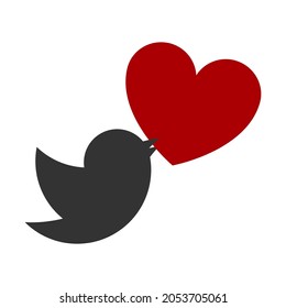 Icon of a gray bird in flight with a red heart in its beak. The symbol of love, peace and like. Vector illustration isolated on white background.