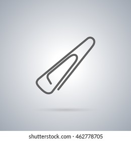 Icon gray a paper clip, isolated on a gray background, design elements of chancellery and office, flat style, vector illustration.