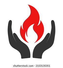 icon gray silhouette of hands holding red fire or flame. Vector illustration isolated on white background