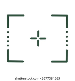 An icon of a green camera focus frame with center cross symbol representing photography, digital technology, and modern shooting interface design