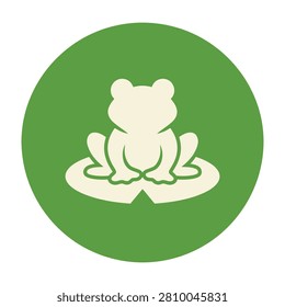 Icon of green circle with white frog sitting on lily pad in serene setting