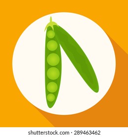 Icon Green Pea Pod On White Circle With A Long Shadow