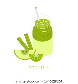 Icon of green smoothie. Drink of fruit and greens. Kiwi, apple, celery. Useful organic food. Healthy beverage for vegan. Vector illustration, flat design, minimal trendy style, white isolated 