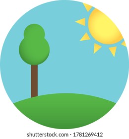 Icon with green tree, grass and sun on the blue background