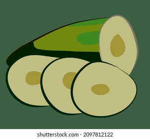 Symbol des grünen Gemüses, Gurken genannt, mit kleinen Scheiben auf dunklem Hintergrund, Vektorgrafik