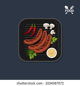 Icon of grilled sausages on pan with sause. Top view. Barbecue dish. Meat fast food. Image of picnic. Vector illustration
