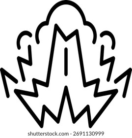 Un icono de una onda de choque terrestre o explosión subterránea, caracterizada por un destello de relámpagos y escombros, impacto y fuerza destructiva.