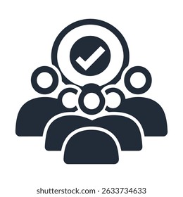 Icon of a group with a check mark above, symbolizing approval, validation, and accepted users
