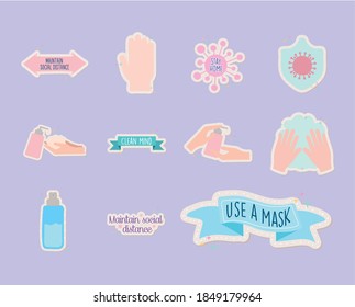icon group of covid19 pandemic stickers vector illustration design