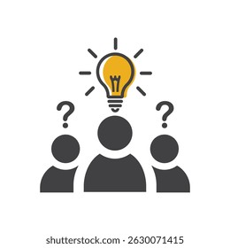 Icon with group of people and black bulb. Light bulb and question mark.