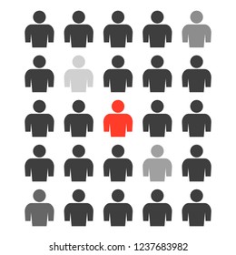 The icon of a group of people with different degrees of selection of several persons from the total mass and one person highlighted in red. Vector illustration on white background