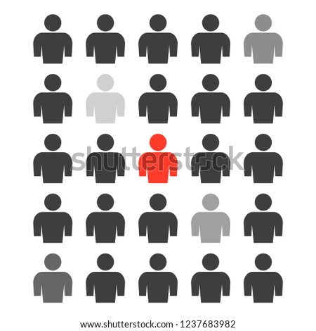 The icon of a group of people with different degrees of selection of several persons from the total mass and one person highlighted in red. Vector illustration on white background