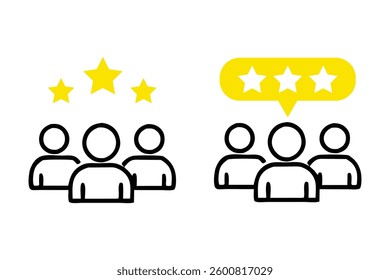 icon of a group of people giving star reviews. Rate icons set.