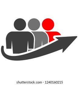 Icon of a group of people of three people and an arrow of growth. The last person in the queue is highlighted in red. Vector on white background