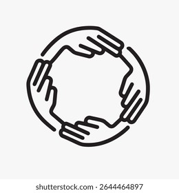 Icoon van een groep gestileerde handen die elkaar vasthouden en een cirkel van eenheid vormen. Symboliseert samenwerking en gemeenschapsondersteuning. Minimalistische zwarte omtrek, vectorillustratie, pictogram, isoleren