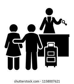 
Icon of guests standing on reception with their luggage  depicting reception
