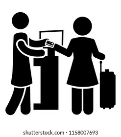
Icon of guests standing on reception with their luggage  depicting reception
