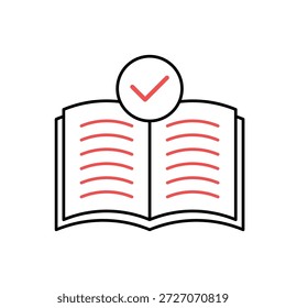 Icono de un manual de instrucciones de marcación de verificación de libro abierto de la directriz, aislado contra un fondo limpio.