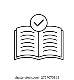 Icono de un manual de instrucciones de marcación de verificación de libro abierto de la directriz, aislado contra un fondo limpio.