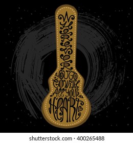 Icon of guitar case. Made from words. Hand drawn hipster interior poster. 