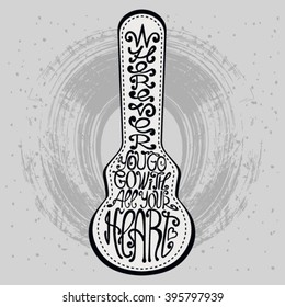 Icon of guitar case. Made from words.Hand drawn hipster interior poster. Calligraphic cute postcard. Typography lettering for t-shirt or for your business. Retro vintage bicycle. Isolated Background. 